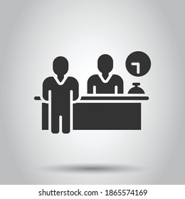 Check in reception icon in flat style. Booking service vector illustration on white isolated background. Hotel reservation business concept.