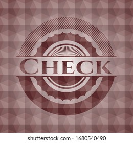 Check red seamless emblem or badge with abstract geometric pattern background.
