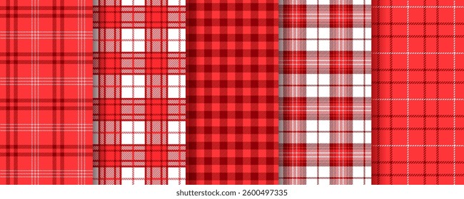 Check red seamless pattern. Plaid tablecloth. Checkered background. Set tartan kitchen prints. Vichy gingham cloth textures. Christmas cotton fabric. Picnic textile backdrops. Vector illustration.
