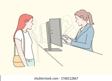 Check, registration concept. Young woman passenger cartoon character standing on passport control desk. Airport security department staff member checking arrival identification documents illustration.