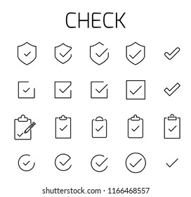 Check related vector icon set. Well-crafted sign in thin line style with editable stroke. Vector symbols isolated on a white background. Simple pictograms.