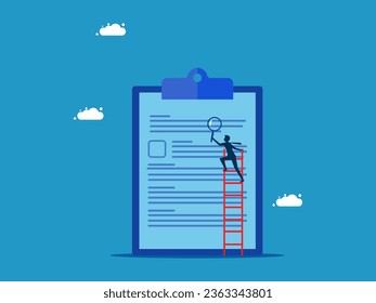 Check the report. Businessman holding a magnifying glass climbs a ladder on documents 