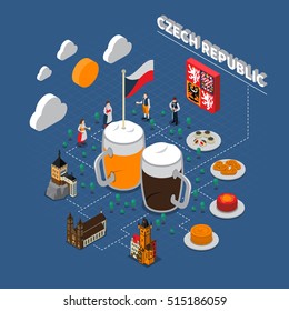 Check republic tourists attraction isometric symbols with typical national beer snacks and clothing flowchart elements vector illustration 