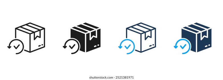 Verificar e devolver linha de pacote e conjunto de ícones de silhueta. Símbolo do Pacote de Pedidos de Remessa. Caixa de entrega com seta e ícone de marca de seleção. Sinal de embalagem de reembolso. Traço editável. Ilustração de vetor isolada.