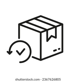 Check and Return Parcel Linear Pictogram. Shipping Order Package Outline Symbol. Delivery Box with Arrow and Checkmark Line Icon. Refund Packaging Sign. Editable Stroke. Isolated Vector Illustration.