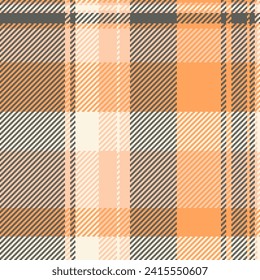 Check seamless fabric of pattern tartan texture with a textile vector plaid background in orange and grey colors.