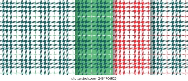 Check seamless pattern. Christmas background. Holiday Xmas prints. Set of Vichy red green textures. Tartan checkered wrapping papers. Collection geometric plaid backdrops. Vector illustration