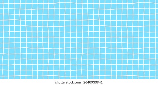 Check seamless pattern grid hand-drawn lines creating a playful background with blue square and wavy doodle textured stripes, perfect for cute designs and modern decor in vector crayon illustration.