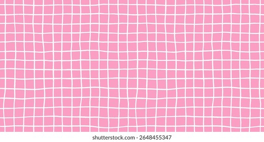Check seamless pattern grid hand-drawn lines creating a playful background with pink square and wavy doodle textured stripes, perfect for cute designs and modern decor in vector crayon illustration.