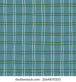 Check seamless pattern. Hand paint stripes plaid texture, vector checkered green print