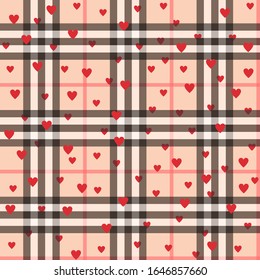 Check seamless pattern with the hearts. Trendy traditional print. Vector illustration.