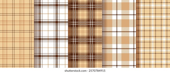 Check seamless pattern. Plaid beige brown background. Set gingham fabric prints. Tartan shirt cloth. Flannel table cloth texture. Lumberjack tablecloth. Kitchen napkin textile. Vector illustration