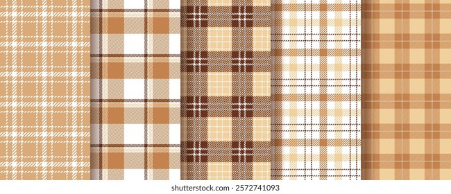 Check seamless pattern. Plaid beige brown background. Set gingham fabric print. Tartan shirt cloth. Flannel table cloth texture. Lumberjack tablecloth. Geometric checkered textile. Vector illustration