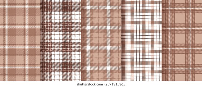 Check seamless pattern. Plaid brown background. Tartan shirt cloth. Set gingham fabric prints. Flannel table cloth textures. Lumberjack tablecloth. Mocha Mousse checkered textile. Vector illustration