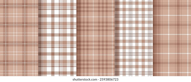 Check seamless pattern. Plaid brown background. Set of fabric prints. Tartan shirt cloth. Lumberjack tablecloth. Flannel texture. Geometric checkered textile. Abstract backdrop. Vector illustration