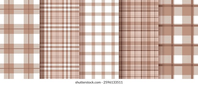 Check seamless pattern. Plaid brown background. Set flannel textures. Tartan shirt cloth. Gingham fabric prints. Geometric lumberjack backdrops. Abstract checkered textile. Vector illustration