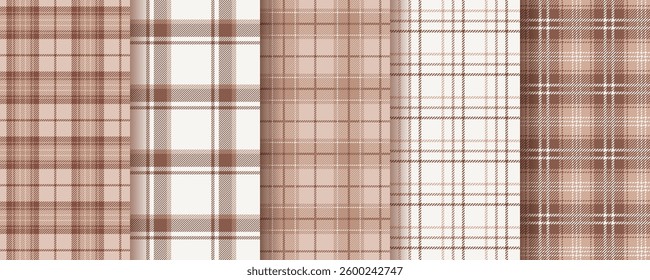 Check seamless pattern. Plaid brown background. Gingham fabric prints. Tartan shirt cloth. Lumberjack tablecloth. Flannel texture. Geometric Vichy textile. Mocha Mousse backdrop. Vector illustration