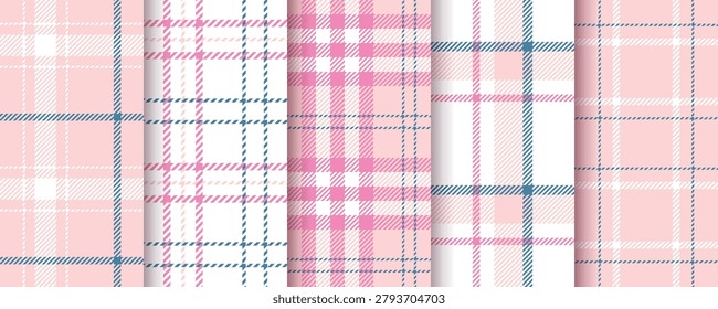 Check seamless pattern. Plaid pink background. Tartan shirt cloth. Set gingham fabric prints. Lumberjack tablecloth. Flannel textures. Geometric checkered textile. Vector illustration