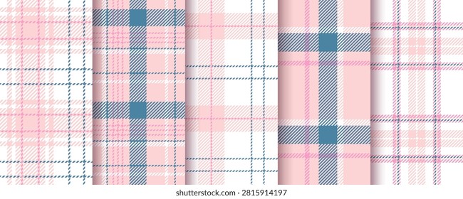Check seamless pattern. Plaid pink background. Set gingham fabric prints. Tartan shirt cloth. Lumberjack textures. Flannel tablecloth. Geometric checkered backdrop. Vector illustration. 