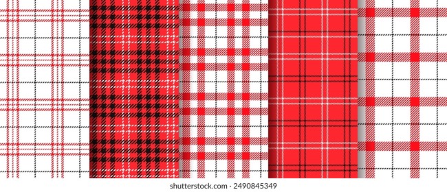 Check seamless pattern. Plaid red black background. Set Vichy gingham prints. Christmas tartan cloth. Flannel table cloth texture. Lumberjack tablecloth. Kitchen napkin textile. Vector illustration