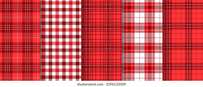 Check seamless pattern. Tablecloth red background. Tartan gingham texture. Checkered kitchen prints. Plaid retro backdrops. Lumberjack wallpaper. Vichy fabric cloth. Vector illustration. Table textile