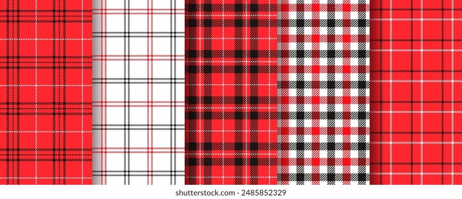 Check seamless pattern. Vichy red black background. Set tartan gingham prints. Plaid Christmas cloth. Lumberjack table cloth texture. Flannel tablecloth. Kitchen napkin textile. Vector illustration