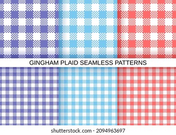 Check seamless patterns. Gingham vichy prints. Set of buffalo backgrounds. Violet, blue, red plaid textures. Tablecloth retro wallpaper. Cloth textile grid. Flannel backdrops. Vector illustration.