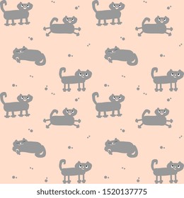 Check seamless vector patterns with gray cheerful cats on a pink background. Childish illustration.
