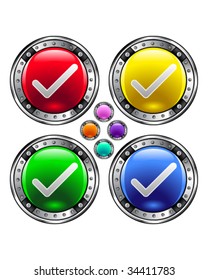 Check or select icon on round colorful vector buttons suitable for use on websites, in print materials or in advertisements.  Set includes red, yellow, green, and blue versions.