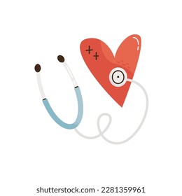 Check up and self care concept with heart shape and stethoscope. Medical icon. Flat vector illustration isolated on white background.