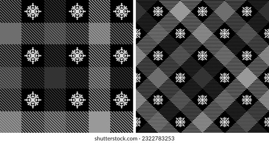 Check set plaid seamless pattern with snowflakes. Black and white tartan pixel texture background. Fashion scottish wallpaper. Printing on fabric, shirt, textile and tablecloth. Vector.