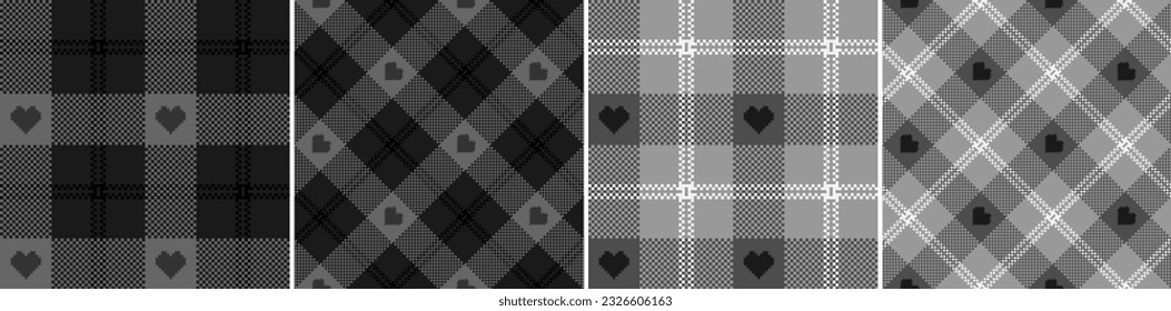 Compruebe el patrón de plaid impecable con los corazones. Fondo de textura de píxel blanco y negro. Papel pintado escocés de moda a cuadros. Impresión en tela, camisa, textil y mantel. Vector.