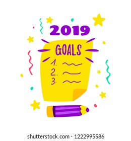 Check sheet goals for 2019. Several items written. Vector cartoon.