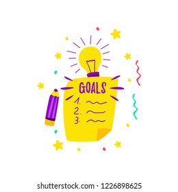 Check sheet goals for 2019. Several items written. Vector cartoon.