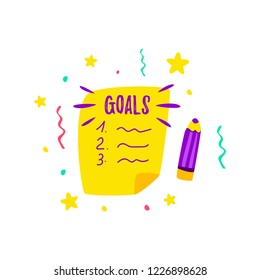 Check sheet goals for 2019. Several items written. Vector cartoon.