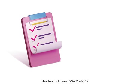Check sheet on paper attached
 to the clipboard. Planning and organization of work. 3d render. vector illustration.