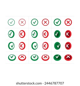 signo de comprobación y cancelación establecidos. sí, no, positivo, negativo, negativo, positivo, signo de comprobación y signo de cancelación