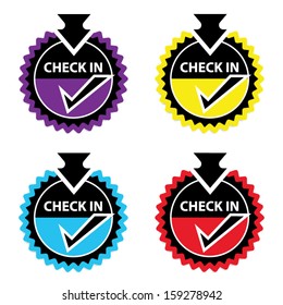 Check in sign  colorful set with arrow on white background. Vector