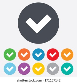Check sign icon. Yes button. Round colourful 11 buttons. Vector
