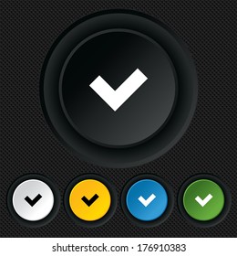 Check sign icon. Yes button. Round colourful buttons on black texture. Vector