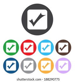 Check sign icon. Yes button. Colourful 9 buttons. Vector