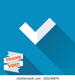 Check sign icon. Yes button. White flat icon with long shadow. Paper ribbon label with Thank you text. Vector