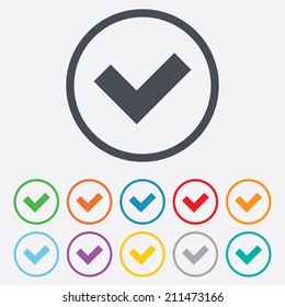 Check sign icon. Yes button. Round circle buttons with frame. Vector