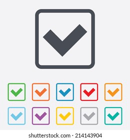 Check sign icon. Yes button. Round squares buttons with frame. Vector