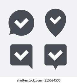 Check sign icon. Yes button. Map pointers information buttons. Speech bubbles with icons. Vector