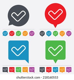 Check sign icon. Yes button. Speech bubbles information icons. 24 colored buttons. Vector
