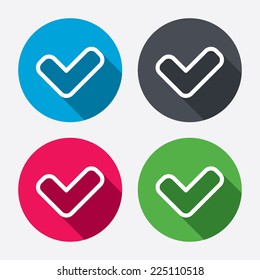 Check sign icon. Yes button. Circle buttons with long shadow. 4 icons set. Vector