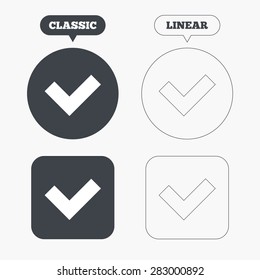 Check sign icon. Yes button. Classic and line web buttons. Circles and squares. Vector