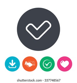 Check sign icon. Yes button. Download arrow, handshake, tick and heart. Flat circle buttons.