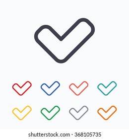 Check sign icon. Yes button. Colored flat icons on white background.